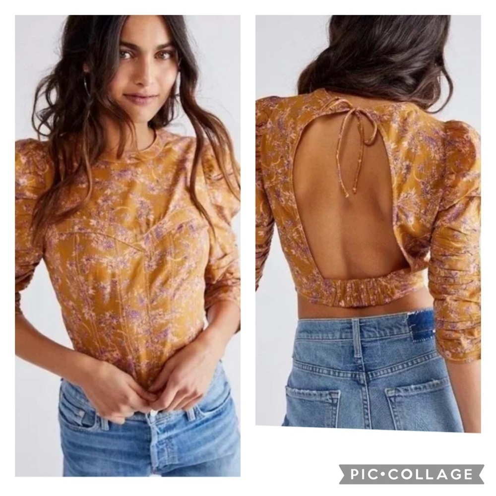 Free People Monica Golden Floral Open Back Top Ruffle Sleeves Size XS